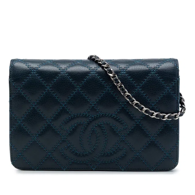 Blue Chanel Stitched CC Quilted Calfskin Wallet on Chain Crossbody Bag in Blue Calfskin from Designer Revival