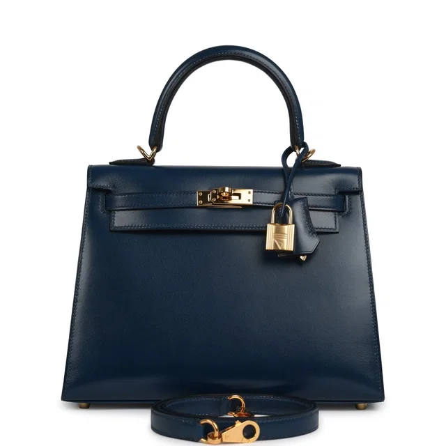 Hermès Kelly Sellier 25 Bleu De Prusse Box Gold Hardware in Blue Calfskin from Madison Avenue Couture