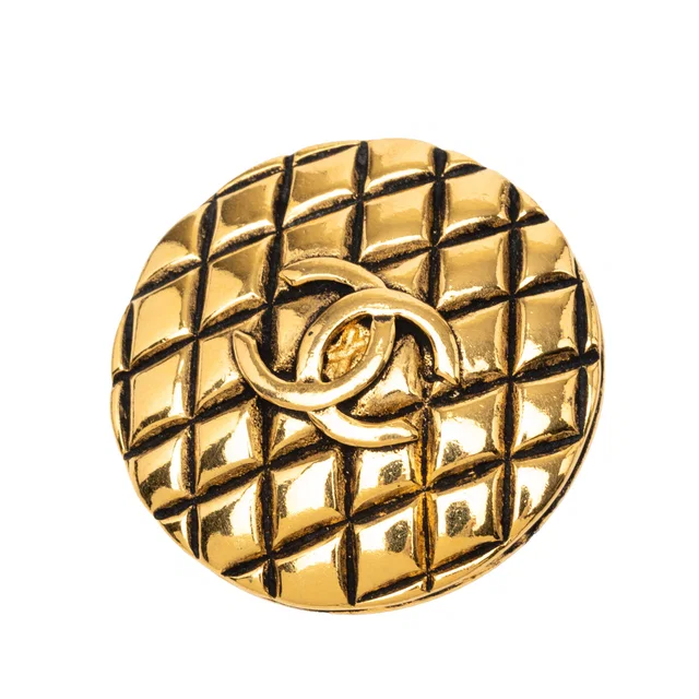 Gold Chanel CC Gold Plated Quilted Round Brooch in Gold from Designer Revival