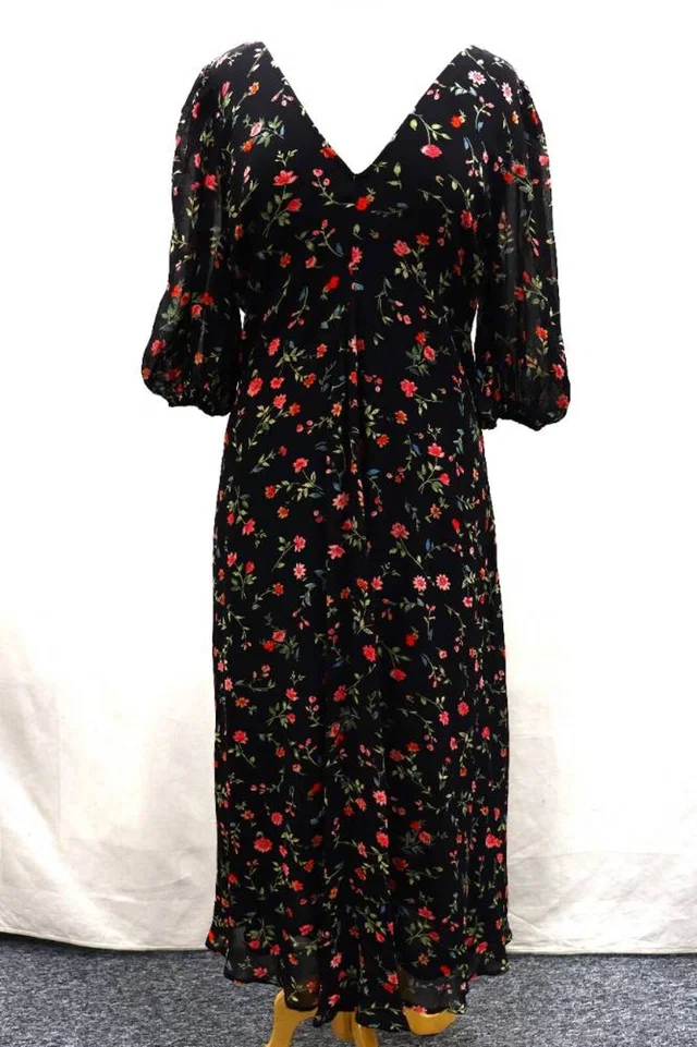 GANNI Elm Georgette Floral Dress Black Size: 12 in Black Viscose from Oxfam Online Shop