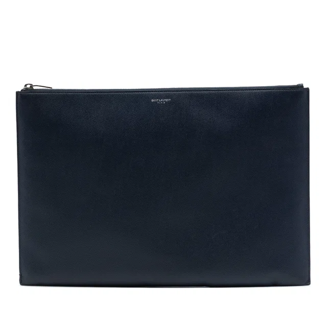 Blue Saint Laurent Grain De Poudre Zipped Tablet Holder Clutch Bag in Blue Leather from Designer Revival