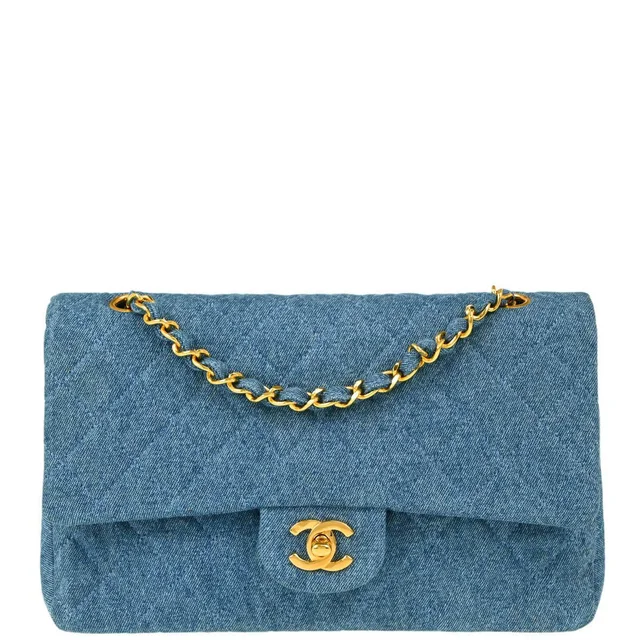 Chanel 1989-1991 Blue Denim Medium Classic Double Flap Shoulder Bag in Blue Denim from AMORE Vintage Tokyo