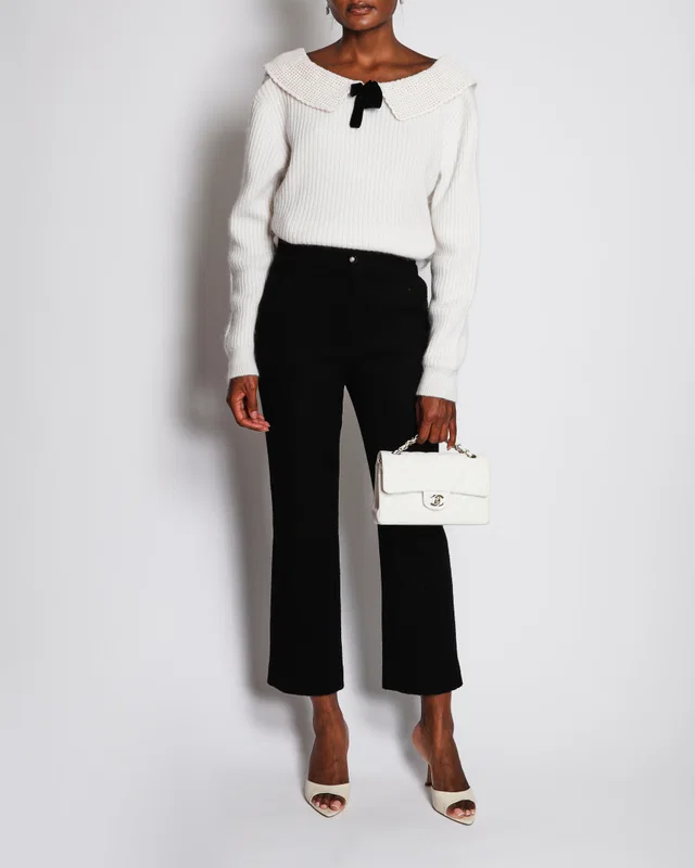 Chanel Black Straight-Leg Tweed Trousers with Silver Lion Head Button Detail Size FR 36 (UK 8) in Black Tweed from Sellier