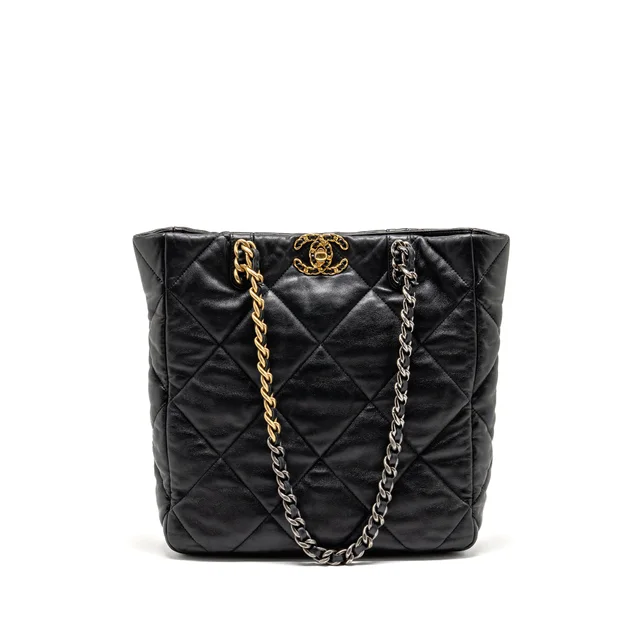 Chanel Small 19 Shopping Bag Shiny Lambskin Black Multicolour Hardware (Microchip) in Black Lambskin from EMIER