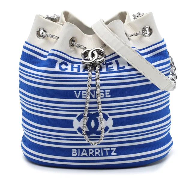 Blue Chanel Venise Biarritz Mixed Fibers and Lambskin Drawstring Bucket Bag in Blue Lambskin from Designer Revival