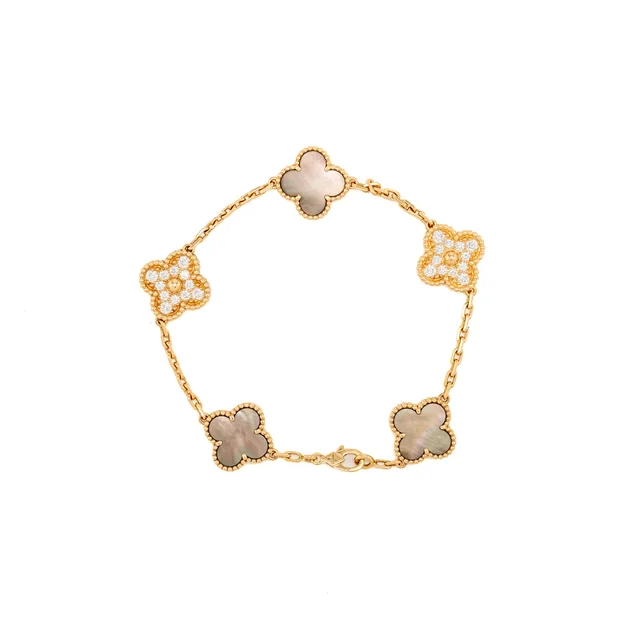 Van Cleef & Arpels vintage alhambra bracelet, 5 motifs grey mother of pearl rose gold diamonds in Pink from EMIER