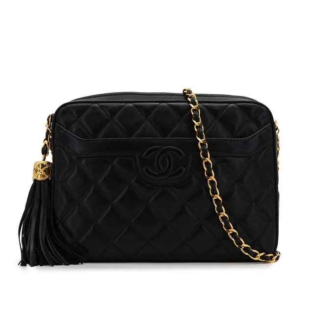 Chanel Vintage Cocomark Matelasse Fringe Chain Shoulder Bag Black Lamb Skin Gold Hardware in Black Leather from Luxury Promise