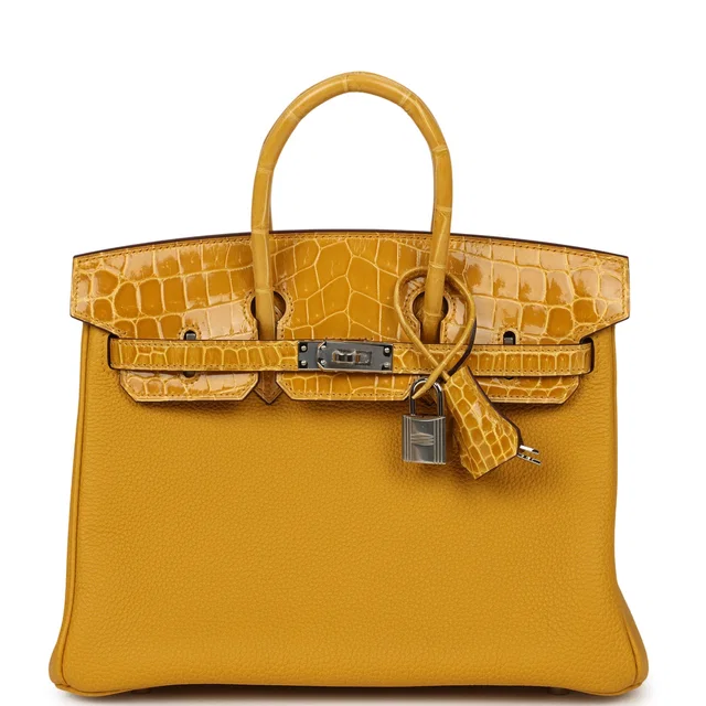 Hermès Birkin 25 Jaune Ambre Togo, Shiny Porosus Crocodile Touch Palladium Hardware in Yellow Togo leather from Madison Avenue Couture