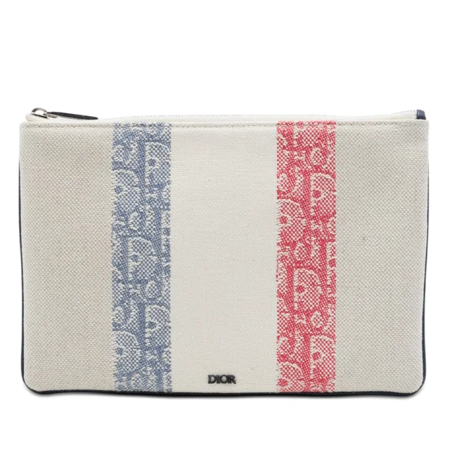 Beige Dior Tricolor Oblique Canvas Stripe Zip Pouch in Beige Canvas from Designer Revival