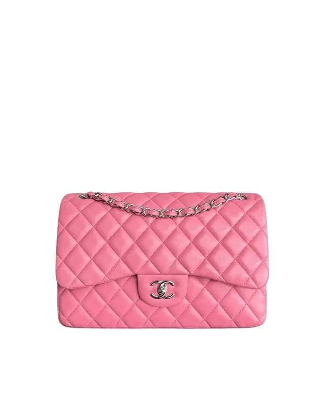 Chanel Classic Flap Jumbo - Double Flap 30cm Quilted Lambskin Sakura Pink Silver Hardware Series 18 in Pink Lambskin from Luxury Promise