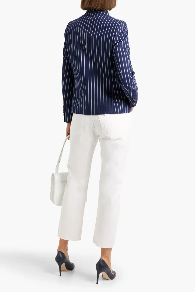 Brunello Cucinelli Striped Cotton and Silk-Blend Double-Breasted Blazer in Blue, photo 3 of 4 from THE OUTNET