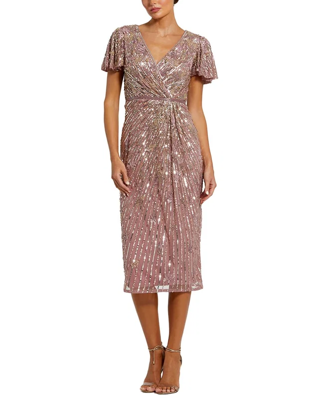 Mac Duggal Sequin Mesh V Neck Flutter Sleeve Midi Dress, image 1 of 1 from Rue La La
