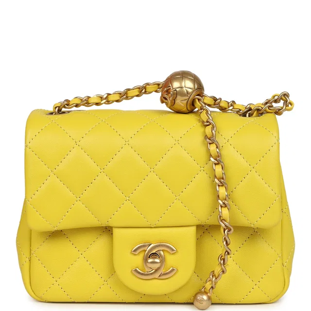 Chanel Mini Pearl Crush Square Flap Bag Yellow Lambskin Brushed Gold Hardware in Yellow Lambskin from Madison Avenue Couture