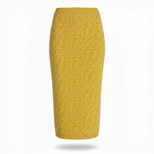 Fendi Ib7 Zucca Pattern Knit Skirt FF Logo Pencil Yellow 38 in Yellow from The Reluxe