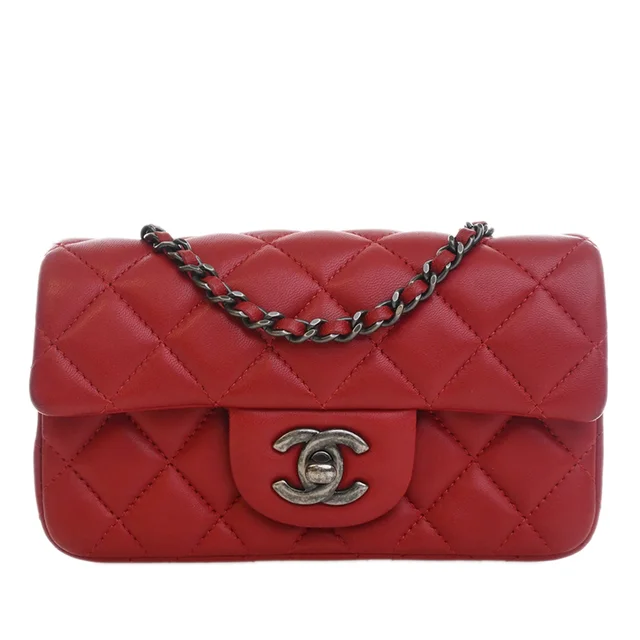 Red Chanel Extra Mini Rectangular Classic Lambskin Single Flap Crossbody Bag in Red Lambskin from Designer Revival