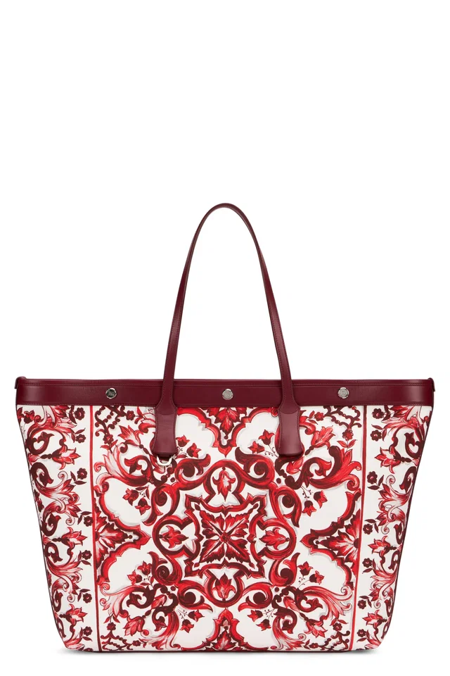 Dolce & Gabbana Majolica Print Cotton Tote Bag — Red in Red Calfskin from HEWI
