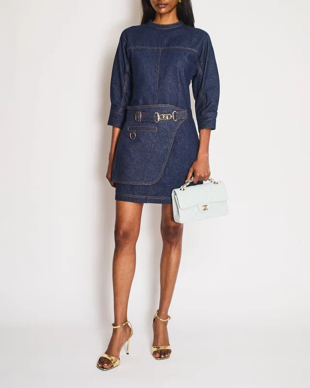 Fendi Blue Denim Long Sleeve Dress with FF Logo Belt Detail Size 38 (UK 6) in Blue Denim from Sellier