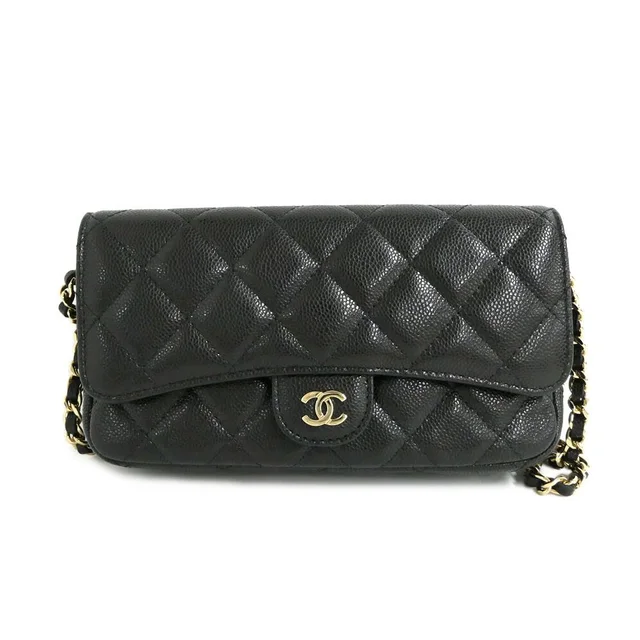 Chanel Flap Phone Case Chain Shoulder Bag Caviar Leather Black Gold in Black Caviar leather from The Reluxe