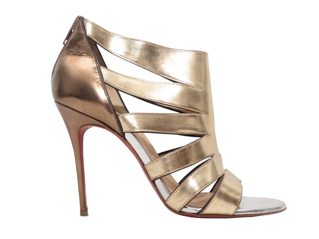 Gold Christian Louboutin Metallic Leather Heeled Cutout Sandals Size 37 in Gold Leather from Designer Revival