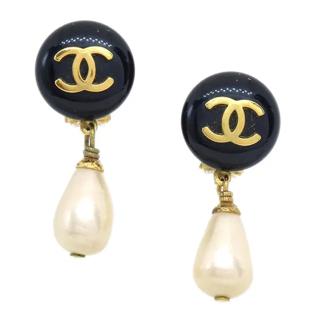 Chanel 1995 CC Black & Faux Teardrop Pearl Dangle Earrings in Black from AMORE Vintage Tokyo