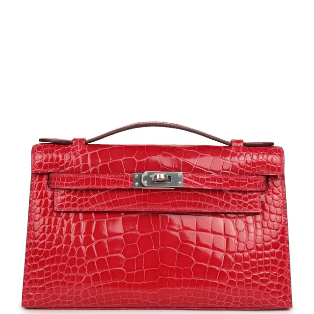 Hermès Kelly Pochette Rose Extreme Shiny Alligator Palladium Hardware in Pink Crocodile from Madison Avenue Couture