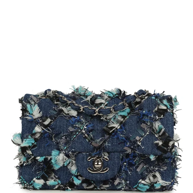 Chanel Mini Classic Rectangular Flap Bag Ribbon Tweed Blue Denim Silver Hardware in Blue Tweed from Madison Avenue Couture