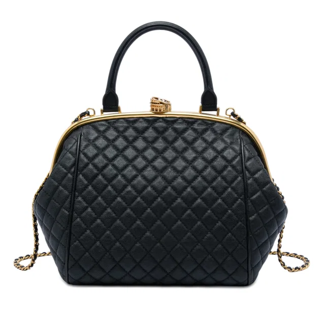 Black Chanel Paris Rome Quilted Calfskin Colosseum Lock Frame Bowling Bag Satchel in Black Calfskin from Designer Revival