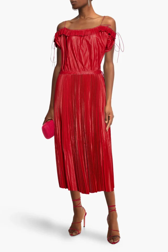 Valentino Garavani Pleated Lambskin Leather Midi Dress in Red, photo 2 of 4 from THE OUTNET