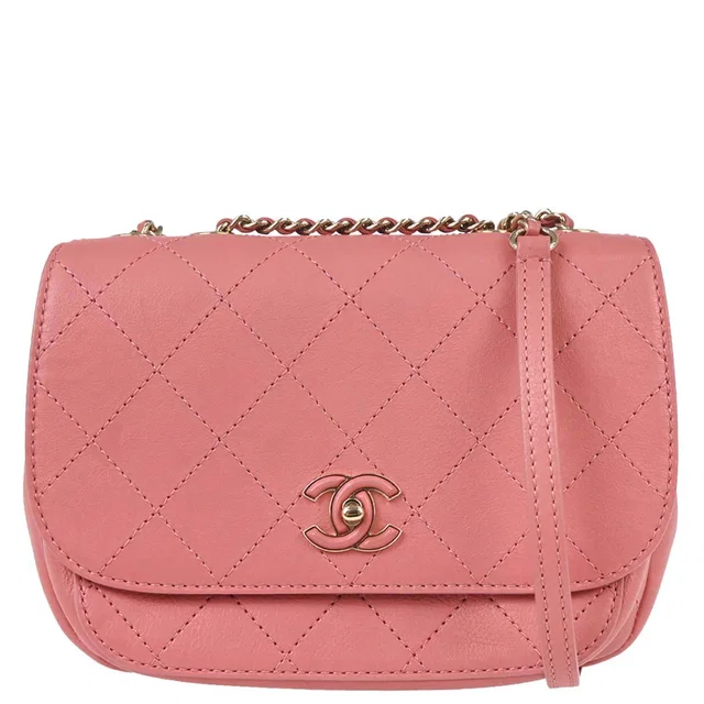 Chanel 2019 Pink Calfskin Stitched CC Flap Shoulder Bag in Pink Calfskin from AMORE Vintage Tokyo