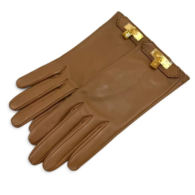 Hermès Lambskin Lining Silk 100% Gold Kelly Gloves Brown 6.5 in Brown Lambskin from The Reluxe
