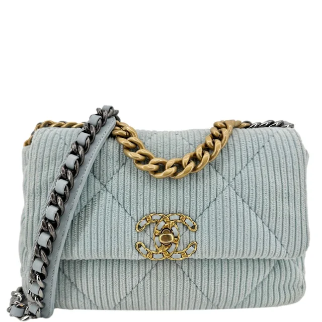 CHANEL 19 Flap Medium Quilted Corduroy Shoulder Bag Light Blue in Blue from Dallas Designer Handbags