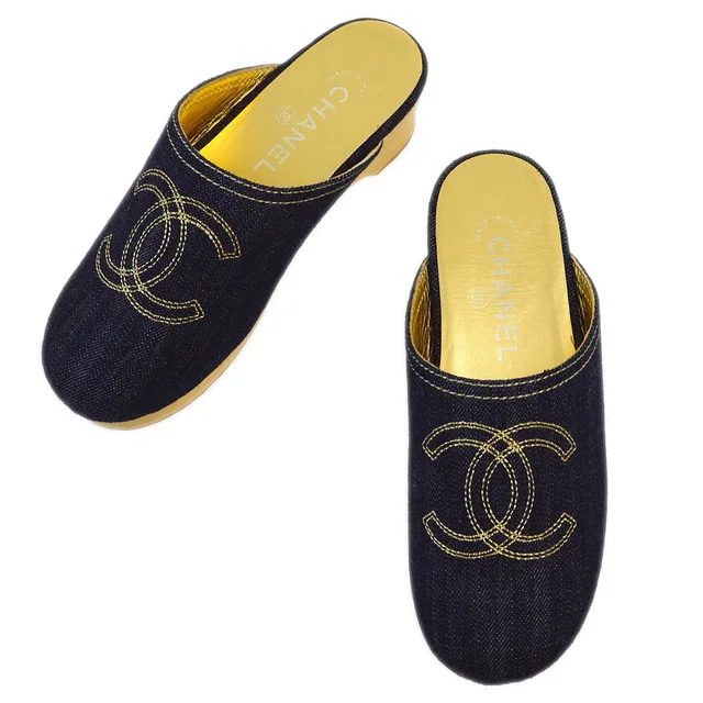 Chanel Navy Denim Sabot Sandals Shoes #35 in Navy Denim from AMORE Vintage Tokyo