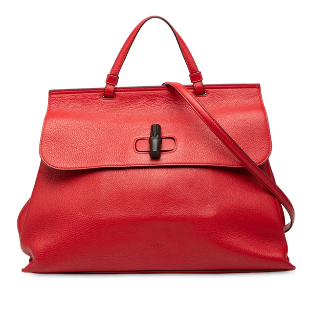 Red Gucci Large Leather Bamboo Daily Satchel in Red Leather from Designer Revival