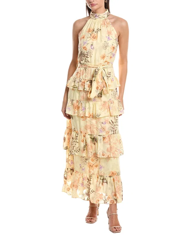 Anne Klein Tiered Halter Ruffle Chiffon Floral Maxi Dress, image 1 of 1 from Rue La La