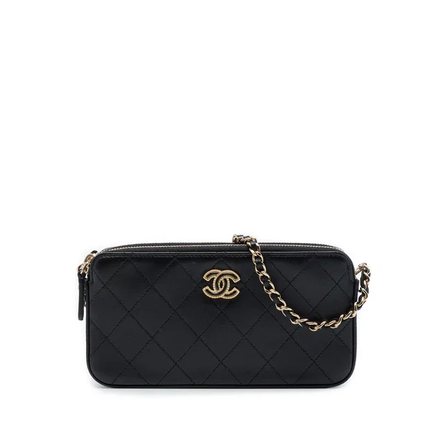 Black Chanel CC Quilted Calfskin Double Zip Clutch With Chain Crossbody Bag in Black Calfskin from Designer Revival