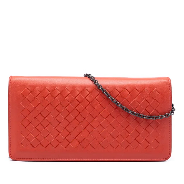 Orange Bottega Veneta Nappa Intrecciato Continental Wallet on Chain Crossbody Bag in Orange Nappa leather from Designer Revival