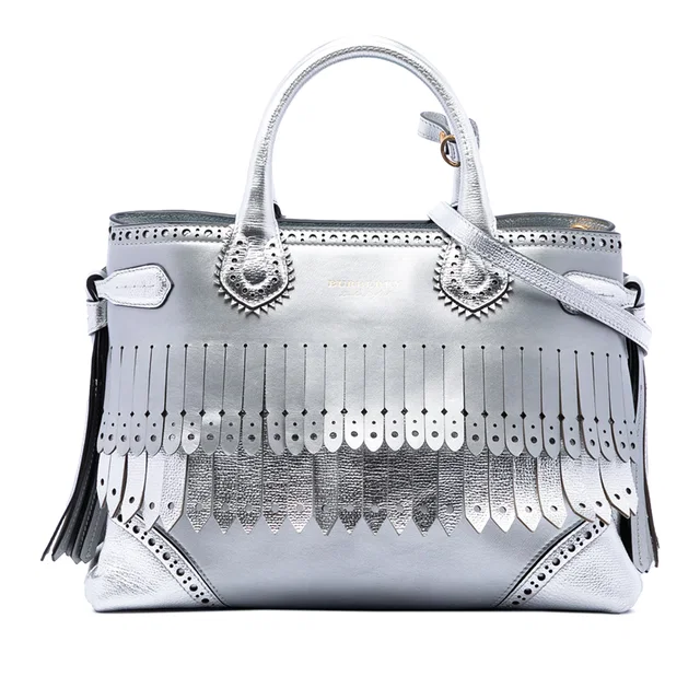 Silver Burberry Medium Metallic Leather Brogue Banner Satchel in Silver Leather from Designer Revival