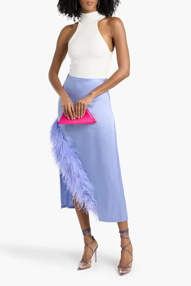 Lapointe Feather-Trimmed Satin-Crepe Midi Skirt in Purple, photo 2 of 4 from THE OUTNET