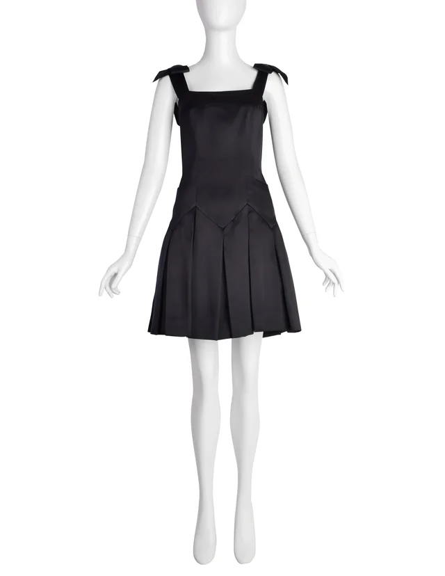 Chanel Vintage 1990s Black Silk Satin Bow Pleated Mini Dress in Black Satin from Amarcord Vintage Fashion