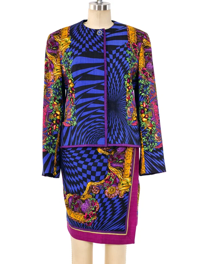 Versace Optical Baroque Printed Skirt Suit in Multicolor Wool from Arcade Vintage