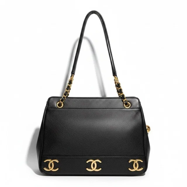 Chanel Triple CC Logo Caviar Leather Shoulder Bag Coco Chain Black in Black Caviar leather from The Reluxe
