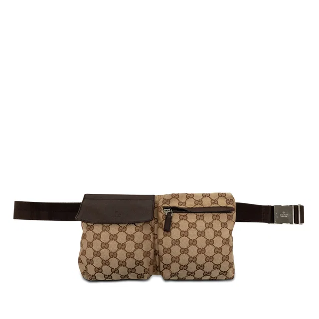 Beige Gucci GG Canvas Double Pocket Belt Bag in Beige Canvas from Designer Revival