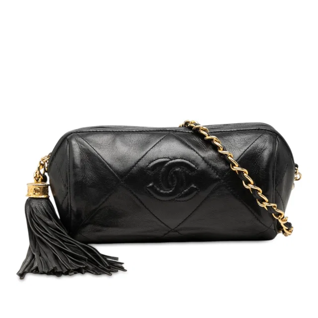 Black Chanel Quilted Lambskin Tassel Barrel Crossbody in Black Lambskin from Designer Revival