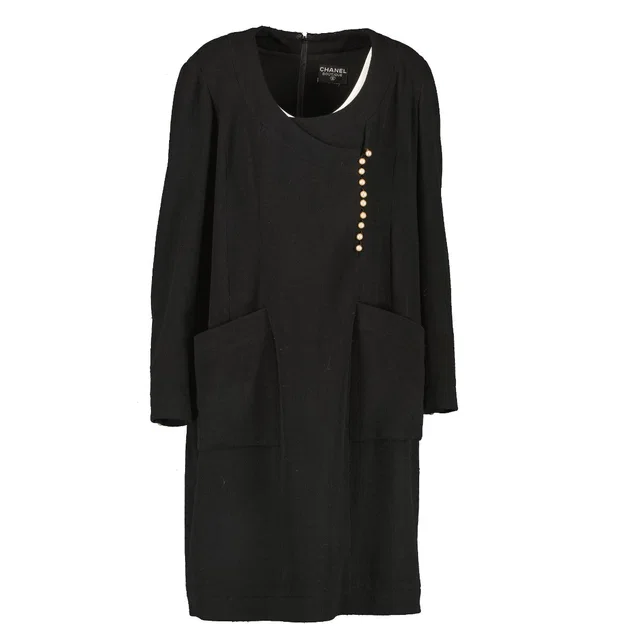 Chanel Vintage Black Pearl Button Dress in Black Wool from Labellov