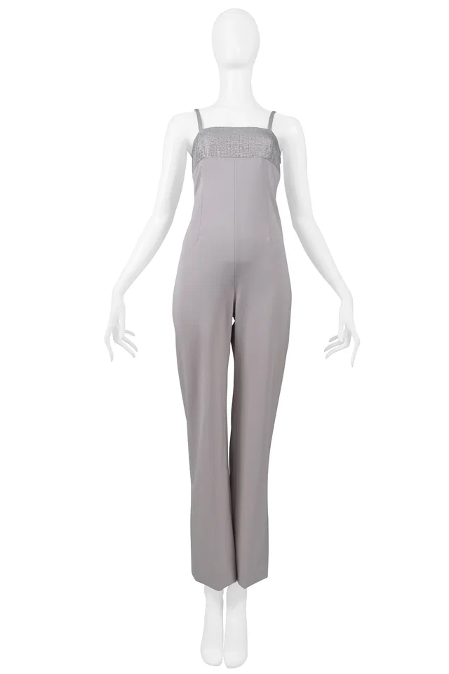 Versace Grey Evening Jumpsuit With Metallic Yoke 1998 in Grey Silk from Resurrection Vintage