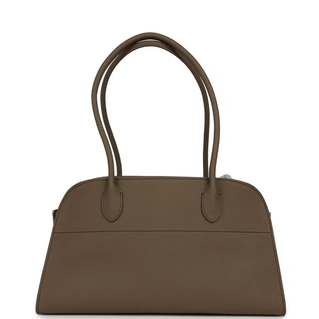 The Row Margaux Shoulder 12 Bag Smoked Taupe Calfskin Silver Hardware in Taupe Calfskin from Madison Avenue Couture