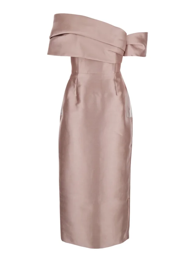 Long Dress 'Mirla' with Off Shoulder Design and Back Vent in Pink Fabric for Women in Pink, image 1 of 1 from Gaudenzi Boutique