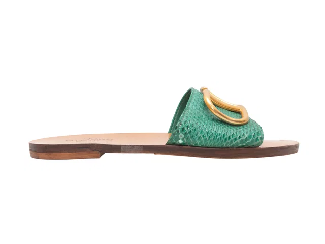 Green Valentino Snakeskin Flat Slide Sandals Size 37 in Green from Designer Revival