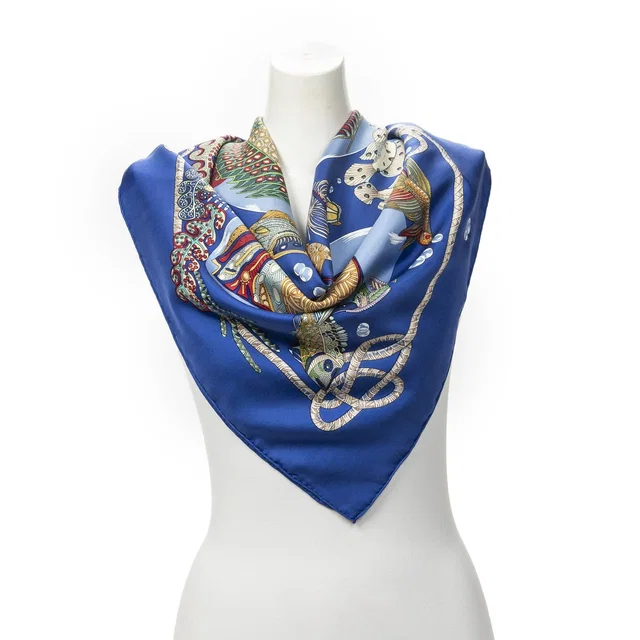 Hermès Scarf Blue Green Yellow Silk in Blue Silk from The Reluxe