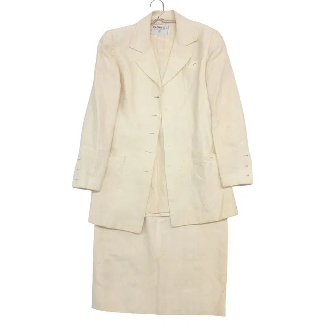 Chanel Suit Vintage 100% Linen Skirt Jacket Set CC Logo Lining Off White in White from The Reluxe